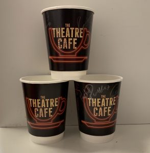 he theatre cafe cups signed by jason robert brown, carrie hope fletcher and rachel tucker